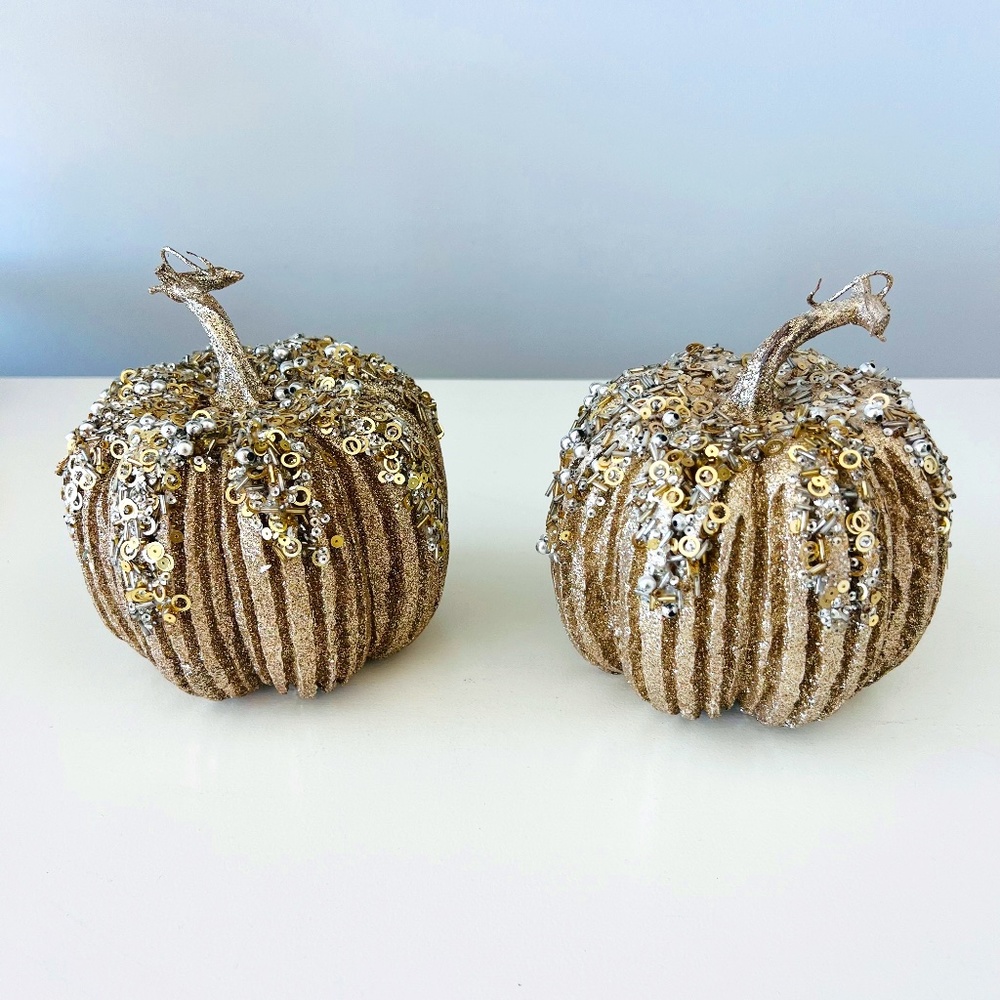 Farmhouse Gold Glitter Sequin and Pearl Foam Harvest (2) Pumpkin Set